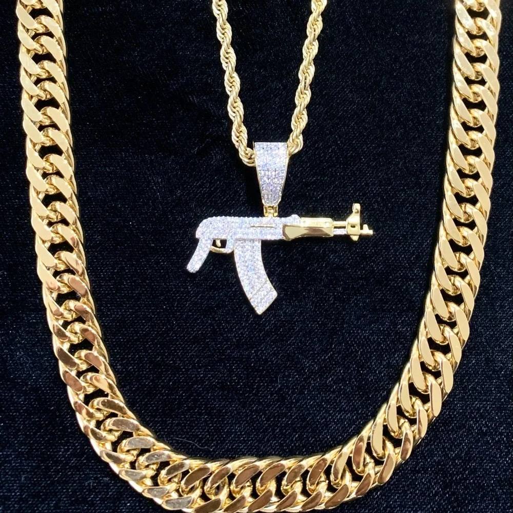 EXCLUSIVE AK47 PENDANT NECKLACE 18K GOLD FULL LAB DIAMONDS CHAIN MADE IN ITALY!